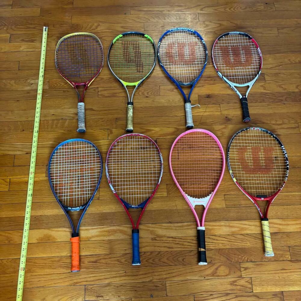 LOT of 8 Junior / Adult Tennis Rackets / Racquets - Many Colors / Sizes
